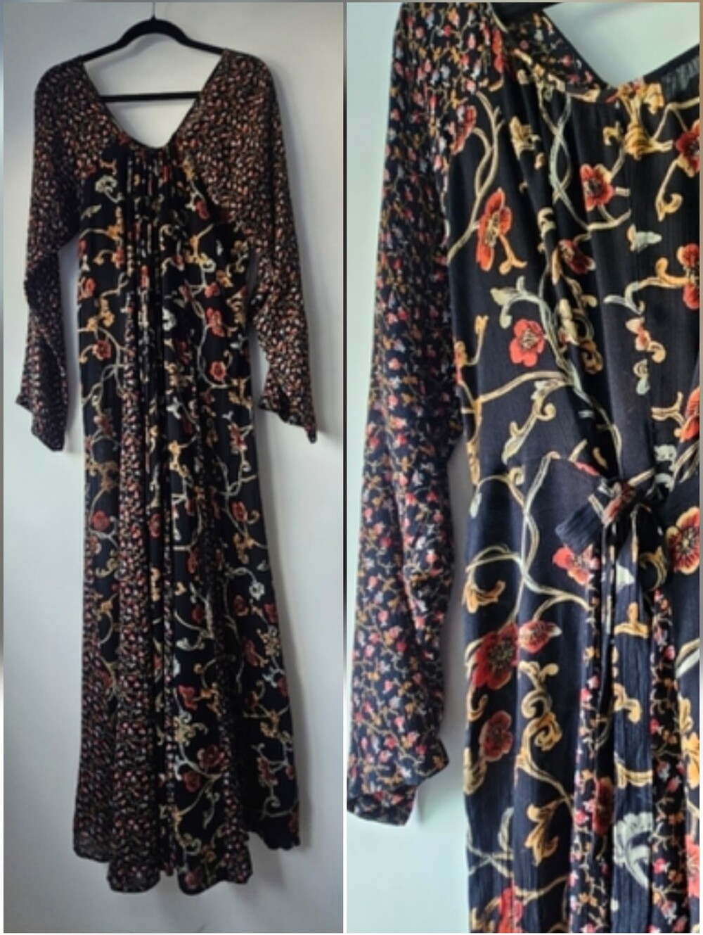 Starina Nepal Mixed Pattern Floral Tie Waist Ditsy Cottagecore Maxi Gypsy Dress